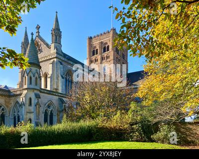 St Albans Cathedral da Vintry Garden Foto Stock
