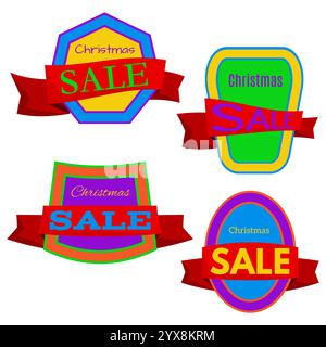 Quattro coloratissimi cartelloni natalizi su sfondo bianco. Illustrazione vettoriale. Illustrazione Vettoriale