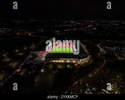 Una veduta aerea dello stadio Bet365, sede dello Stoke City, dopo la partita del Campionato Sky Bet Stoke City vs Cardiff City al Bet365 Stadium, Stoke-on-Trent, Regno Unito, 14 dicembre 2024 (foto di Craig Thomas/News Images) in, il 12/14/2024. (Foto di Craig Thomas/News Images/Sipa USA) credito: SIPA USA/Alamy Live News Foto Stock