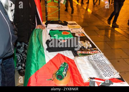 Logrono, la Rioja, Spagna. 14 dicembre 2024. Gli attivisti pro-palestinesi si radunano a Logroño, rappresentando la solidarietà europea con il popolo palestinese nel bel mezzo del conflitto a Gaza. La tabella delle informazioni mostra striscioni, materiale esplicativo e simboli di sostegno alla causa palestinese. I manifestanti, di varie epoche e background, esprimono il loro rifiuto alla violenza e chiedono una soluzione pacifica del conflitto. La composizione riflette l'impegno della società civile europea a favore dei diritti umani, della giustizia internazionale e della cessazione delle ostilità. Crediti: MARIO MARTIJA/Ala Foto Stock