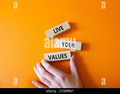 Vivi il simbolo dei tuoi valori. Parole concettuali "vivi i tuoi valori" su blocchi di legno. Bellissimo sfondo arancione. Mano d'affari. Affari e vivi il tuo valu Foto Stock