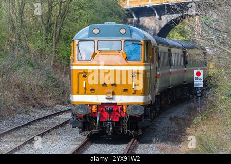 Classe 31 diesel 31190 conservato che trasporta un treno sotto un ponte ad arco in livrea arancione e bianca. Weardale Railway 2019 Foto Stock