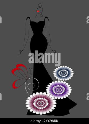 Donna con un lungo abito nero e fiori con una farfalla su sfondo grigio. Illustrazione Vettoriale