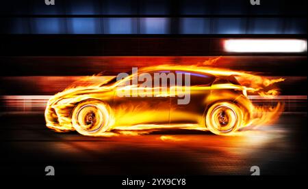 Coperta in fiamme sports car racing lungo un tunnel, vista laterale Foto Stock