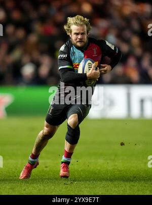 Tyrone Green di Harlequins durante la partita della Investec Champions Cup al Twickenham Stoop, Londra. Data foto: Sabato 14 dicembre 2024. Foto Stock