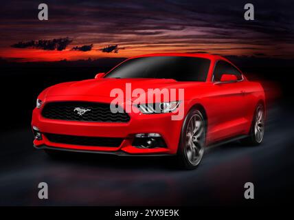 Red 2015 Ford Mustang sports car racing su una strada di notte Foto Stock