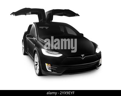 Nero 2017 Tesla Model X SUV di lusso auto elettrica con open falcon porte a battente isolato su sfondo bianco Foto Stock