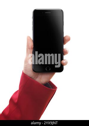 Donna mano azienda Apple iPhone 7 Plus con schermata nera vuota isolata su sfondo bianco Foto Stock