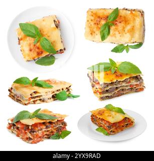Set di deliziose lasagne isolate su bianco Foto Stock