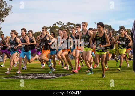 San Diego, Stati Uniti. 13 dicembre 2024. I piloti decollano dalla partenza durante i Foot Locker Cross Country Championships al Morley Field, sabato 14 dicembre 2024, a San Diego, California (Thomas Fernandez/immagine dello sport) crediti: Kirby Lee/Alamy Live News Foto Stock