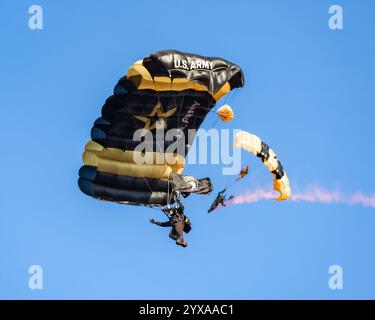 Landover, Maryland, Stati Uniti. 14 dicembre 2024. L'Army Parachute Jumper prima del calcio d'inizio per il gioco Army-Navy. L'Army-Navy Game è un gioco di rivalità tra gli Army Black Knights della United States Military Academy (USMA) a West Point, New York, e i Navy Midshipmen della United States Naval Academy (USNA) al Northwest Stadium di Landover, Maryland, il 14 dicembre 2024. Crediti: ZUMA Press, Inc./Alamy Live News Foto Stock