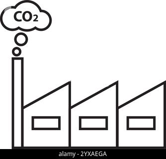 CO2 icona vettore nero di fabbrica nuvola. Simbolo di inquinamento da emissioni industriali di anidride carbonica. Illustrazione Vettoriale