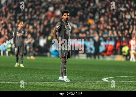 Rodrygo va al Real Madrid durante la partita di calcio della Liga spagnola tra Rayo Vallecano e Real Madrid il 14 dicembre 2024 allo stadio Vallecas di Madrid, Spagna Foto Stock