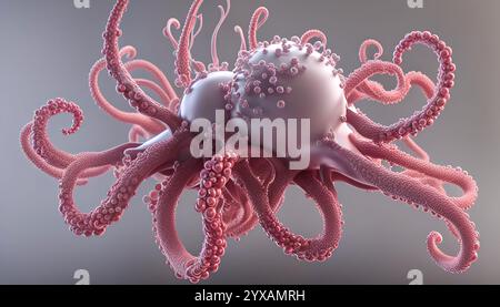 Struttura biologica microscopica vista di virus come cellule o batteri con rami allungati che assomigliano a neuroni o connessioni molecolari Foto Stock