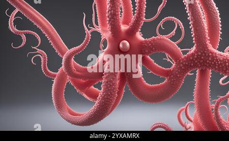 Struttura biologica microscopica vista di virus come cellule o batteri con rami allungati che assomigliano a neuroni o connessioni molecolari Foto Stock