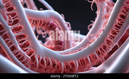 Struttura biologica microscopica vista di virus come cellule o batteri con rami allungati che assomigliano a neuroni o connessioni molecolari Foto Stock
