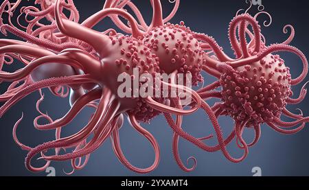 Struttura biologica microscopica vista di virus come cellule o batteri con rami allungati che assomigliano a neuroni o connessioni molecolari Foto Stock