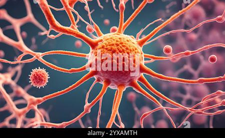 Struttura biologica microscopica vista di virus come cellule o batteri con rami allungati che assomigliano a neuroni o connessioni molecolari Foto Stock