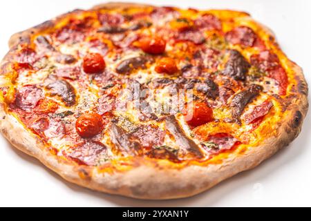 Pizza al peperoni appena sfornata fatta in casa su sfondo bianco. Primo piano, fuoco scelto. Foto di alta qualità Foto Stock