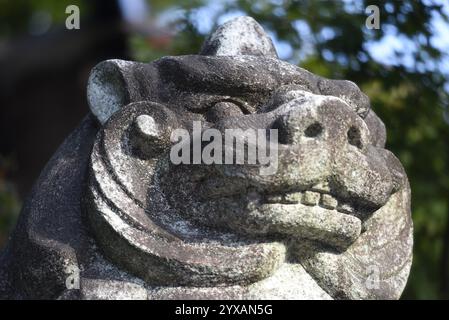 Statua in pietra di un Komainu, il simbolico cane da leone guardiano all'ingresso del santuario shintoista Yasaka-jinja a Gion, Kyoto Giappone. Foto Stock
