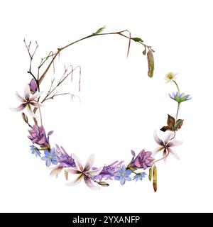 Ramo con i gatti, fiori primaverili di hepatica blu, gemme di magnolia, anemone della foresta bianca, giglio di trota, corydalis disegnato a mano in acquerello. Telaio a ghirlanda Foto Stock