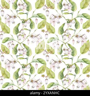 Fiore di campana rosa e mirtillo con foglie verdi sui rami, disegnato a mano in acquerello, illustrazione botanica di fiori selvatici. Isolamento senza soluzione di continuità Foto Stock