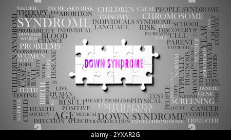 Sindrome di Down come argomento complesso, correlato ad argomenti importanti che si diffondono come una nuvola di parole. Foto Stock