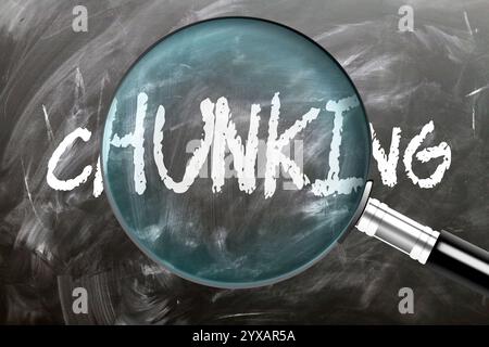 Frazionamento - impararlo, studiarlo e ispezionarlo. Un'occhiata più da vicino al frazionamento. Una lente d'ingrandimento che ingrandisce la parola "frazionamento" scritta su una lavagna Foto Stock