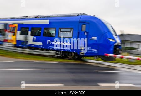 Basdorf, Germania. 15 dicembre 2024. Un treno alimentato a idrogeno gestito dalla Niederbarnimer Eisenbahn (NEB) si trova sulla linea Heidekrautbahn a Basdorf. Con il cambio di orario del 15 dicembre, i treni alimentati a idrogeno saranno in servizio per la prima volta nel Brandeburgo. Correranno sulla cosiddetta Heidekrautbahn tra Berlino e Groß Schönebeck e Schmachtenhagen. Molte linee della Heidekrautbahn e della rete del Brandeburgo orientale non sono ancora elettrificate. Crediti: Patrick Pleul/dpa/Alamy Live News Foto Stock