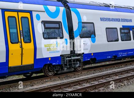 Basdorf, Germania. 15 dicembre 2024. Un treno alimentato a idrogeno gestito dalla Niederbarnimer Eisenbahn (NEB) è arrivato alla stazione di Basdorf sulla linea Heidekrautbahn. Con il cambio di orario del 15 dicembre, i treni alimentati a idrogeno saranno in servizio per la prima volta nel Brandeburgo. Correranno sulla cosiddetta Heidekrautbahn tra Berlino e Groß Schönebeck e Schmachtenhagen. Molte linee della Heidekrautbahn e della rete del Brandeburgo orientale non sono ancora elettrificate. Crediti: Patrick Pleul/dpa/Alamy Live News Foto Stock