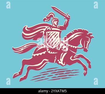 Cavaliere in armatura con scudo e spada a cavallo. Logo Royal Warrior, emblema del difensore. Disegno vettoriale Illustrazione Vettoriale