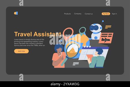 Concetto di assistente di viaggio AI. Illustrazione di un'intelligenza artificiale che aiuta gli utenti a pianificare i viaggi, fornisce navigazione e consigli. Illustrazione vettoriale. Illustrazione Vettoriale