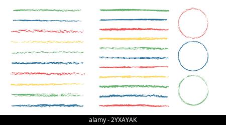 Set di pastelli a linee. Scarabocchio con pennello a carbone isolato su sfondo bianco. Elementi a matita sottolineati. Evidenziazione testurizzata. Str. Schizzo vettoriale Illustrazione Vettoriale