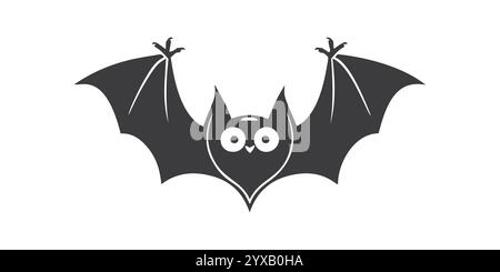 Silhouette nera vettoriale di un pipistrello con ampie ali su sfondo bianco Illustrazione Vettoriale
