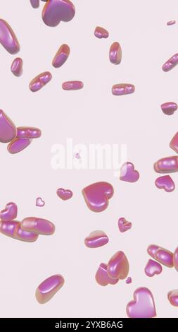 Sfondi verticali 3D astratti cuore cadente colori pastello sfumatura particelle di coriandoli metallici Valentine Love Event biglietteria spazio vuoto Foto Stock