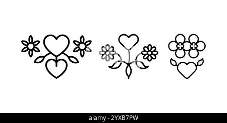 set di icone flower heart, segno di stile lineare per concept mobili e web design. icona vettoriale contorno cuore fiore. Simbolo, illustrazione del logo. Illustrazione Vettoriale