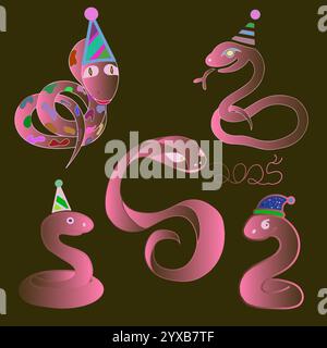 Serpenti al neon natalizio su sfondo nero, illustrazione vettoriale Illustrazione Vettoriale