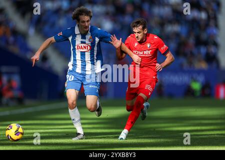 Barcellona, Spagna. 14 dicembre 2024. Barcellona, Spagna, 30 novembre 2024: Aimar Oroz Huarte (10 Club Atletico Osasuna) e Alex Kral (20 RCD Espanyol) in occasione della partita di calcio la Liga EA Sports tra RCD Espanyol e Club Atletico Osasuna allo stadio RCDE di Barcellona, Spagna (Judit Cartiel/SPP) credito: SPP Sport Press Photo. /Alamy Live News Foto Stock