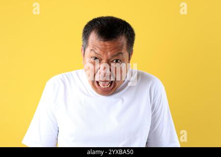 Emotional Ritratto di un uomo di mezza età che mostra un'intensa frustrazione e rabbia, isolato su sfondo giallo. Foto Stock