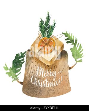 Un'illustrazione ad acquerello con un ceppo di legno rustico adornato con un regalo ben confezionato Foto Stock