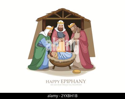 Illustrazione vettoriale della scena dell'Epifania con i tre saggi e Gesù. Illustrazione Vettoriale