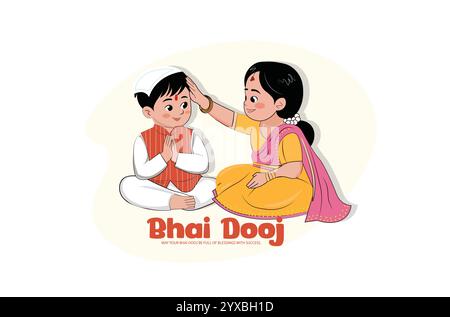 Un'illustrazione vettoriale di Bhai Dooj come sorella che benedice suo fratello in forma di cartone animato. Illustrazione Vettoriale