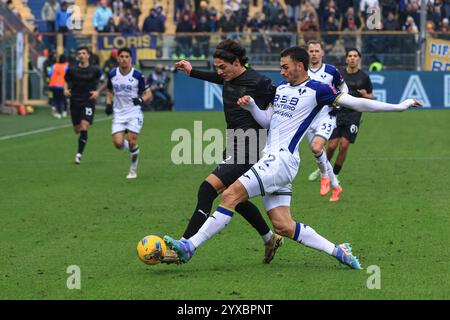 Parma, Italia. 15 dicembre 2024. Matteo Cancellieri (Parma calcio) combatte per il pallone contro Diego Coppola (Hellas Verona FC) durante Parma calcio vs Hellas Verona FC, partita di serie A italiana a Parma, 15 dicembre 2024 Credit: Independent Photo Agency/Alamy Live News Foto Stock