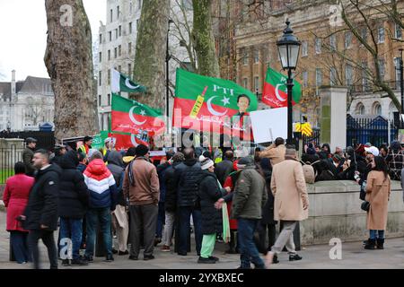 Londra, Regno Unito. 15 dicembre 2024. Attivisti associati al Pakistan Tehreek-e-Insaf (PTI), il partito politico dell'ex primo ministro pakistano Imran Khan, protesta a Whitehall di fronte a Downing Street a Londra. I manifestanti condannano le violenze in corso in Pakistan e gli scontri tra i sostenitori dell'ex primo ministro Khan e le forze di sicurezza pakistane. Crediti: Waldemar Sikora / Alamy Live News Foto Stock