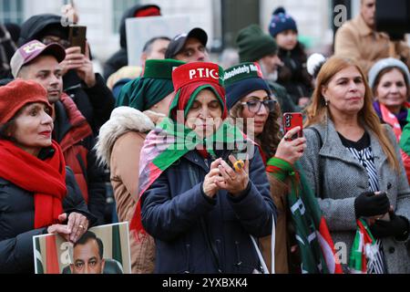 Londra, Regno Unito. 15 dicembre 2024. Attivisti associati al Pakistan Tehreek-e-Insaf (PTI), il partito politico dell'ex primo ministro pakistano Imran Khan, protesta a Whitehall di fronte a Downing Street a Londra. I manifestanti condannano le violenze in corso in Pakistan e gli scontri tra i sostenitori dell'ex primo ministro Khan e le forze di sicurezza pakistane. Crediti: Waldemar Sikora / Alamy Live News Foto Stock