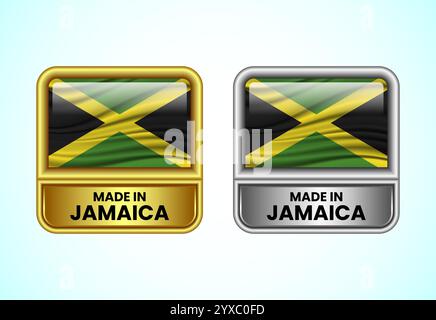 Icona dell'etichetta Made in Jamaica nei colori oro e argento. Icona flag impostata per l'azienda Illustrazione Vettoriale