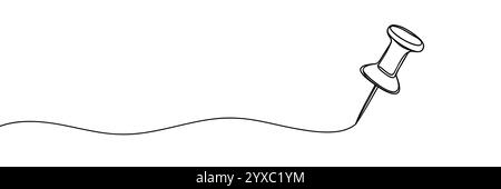 Push pin, thumbtack, scuola fornisce un disegno continuo su una linea. Ritorno a scuola illustrazione continua su una riga. Illustrazione minimalista vettoriale Illustrazione Vettoriale