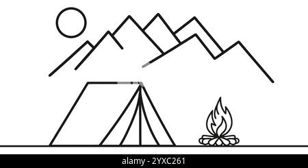 Disegno continuo di una linea di tenda campeggio all'aperto. Illustrazione vettoriale della linea della tenda su tela Illustrazione Vettoriale