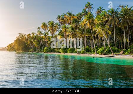 Spiaggia paradisiaca con palme da cocco e sole all'alba sull'isola tropicale in Indonesia. Concetto di vacanza di viaggio. Foto Stock