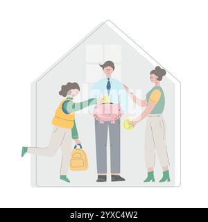 La famiglia con il bambino risparmia denaro per acquistare una nuova casa o un appartamento. Investimento, gestione finanziaria illustrazione vettoriale di cartoni animati piatti. Piggy Bank Concept con Illustrazione Vettoriale